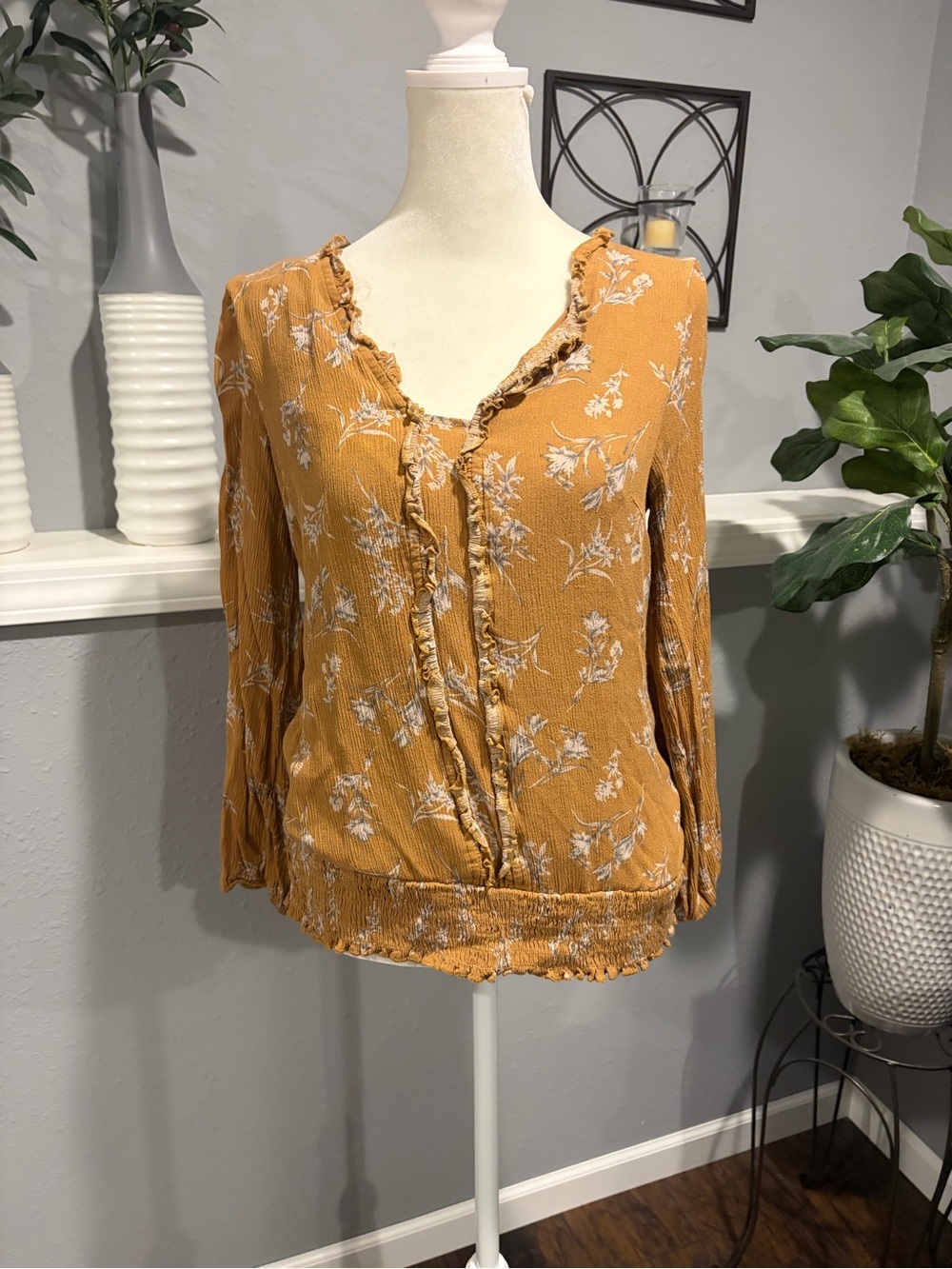 Mustard Floral Ruffle-Trim Blouse